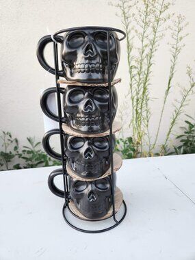 NEW Skull Mug Set of 4 Stackable Mugs Dia De Los Muertos Skulls Halloween Stonew